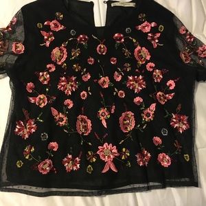 Zara Basic Black Sheer top w embroidered flowers